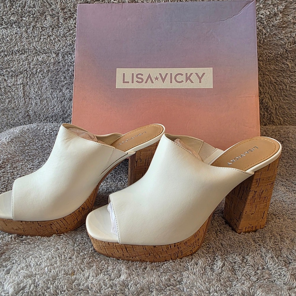 NEW Lisa Vicky White Leather Platform Cork Heel Mules Slides Women's Size 11